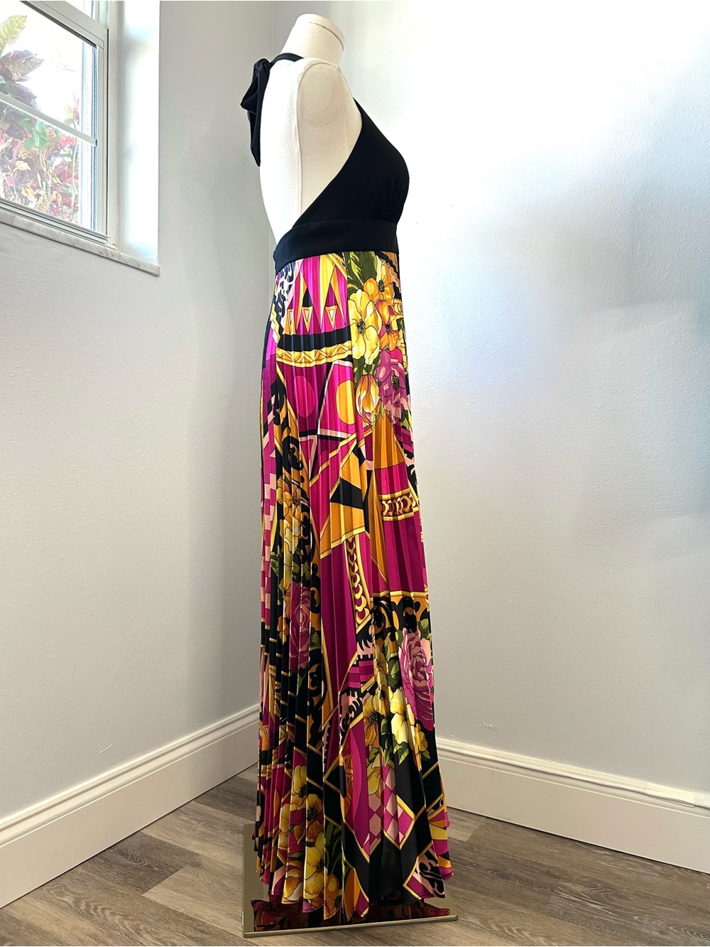 Cache Vintage Y2K Black Pink Satin Pleated Scarf Print Halter Maxi Dress Small - Picture 4 of 8